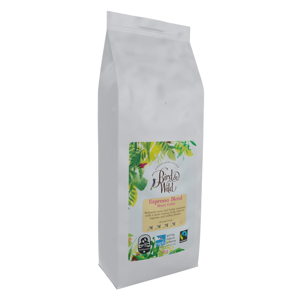 Boabe de cafea espresso, amestec de 1 kg, prăjire medie, cafea organică Fairtrade, cultivată la umbră, prietenoasă cu păsările, boabe întregi, greutate netă 1 kg