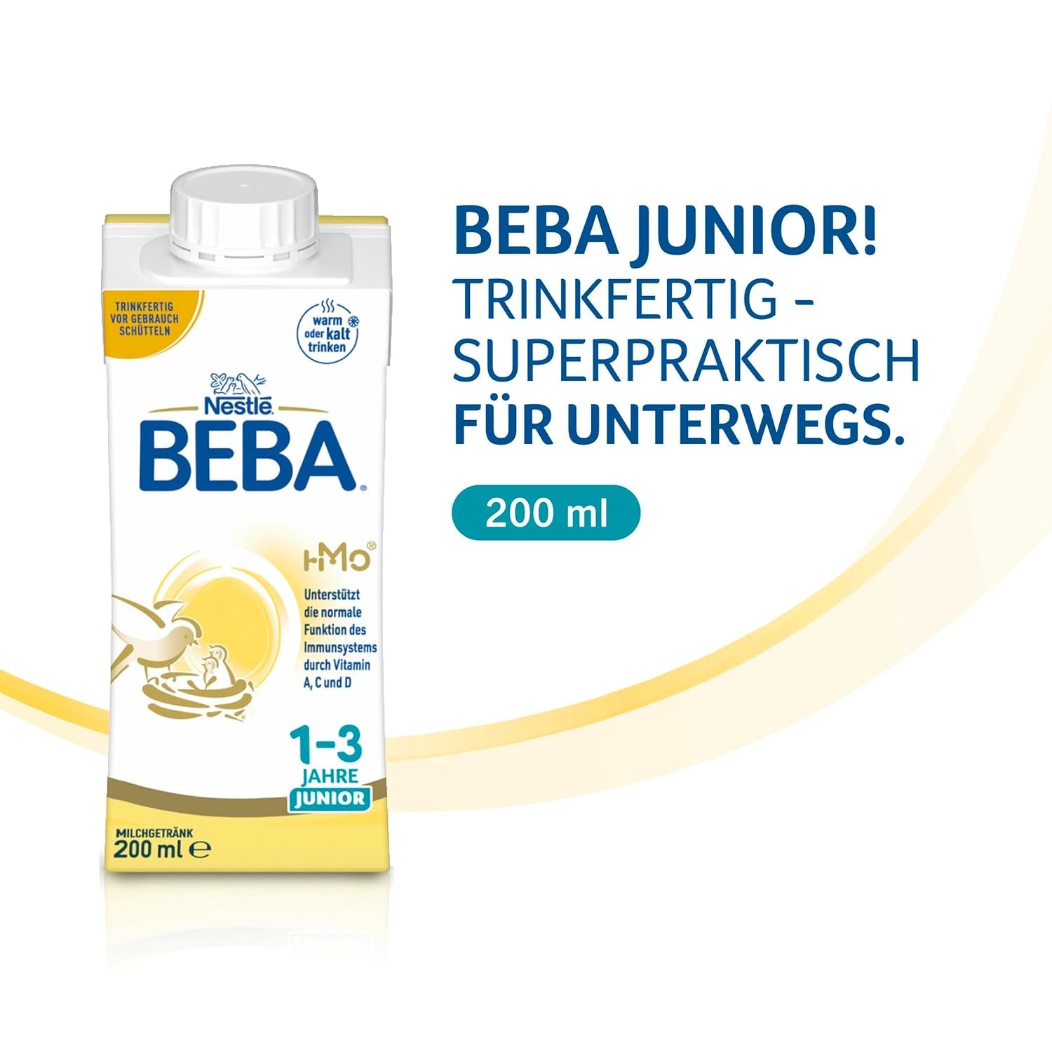 BEBA Junior drikkeklar mælkedrik 1-3 år, med HMO, aldersegnet proteinindhold, palmeoliefri, fiskeoliefri, småbørnsmad, pakke med 6 (6 x 200 ml)