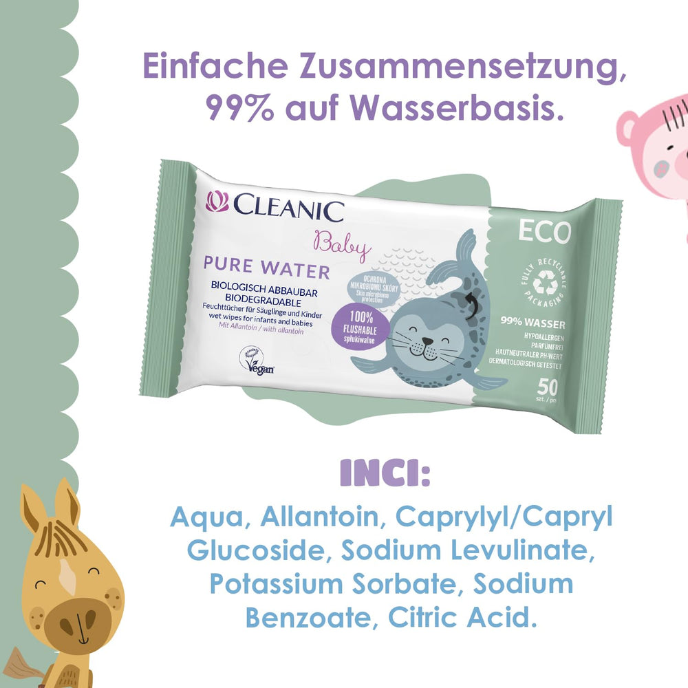 Cleanic Baby Eco Pure Water Wet Wipes – (1 x 50 stk.) Vådservietter til børn og spædbørn – parfumefri, skyllebar, følsom hud – 50 stk.