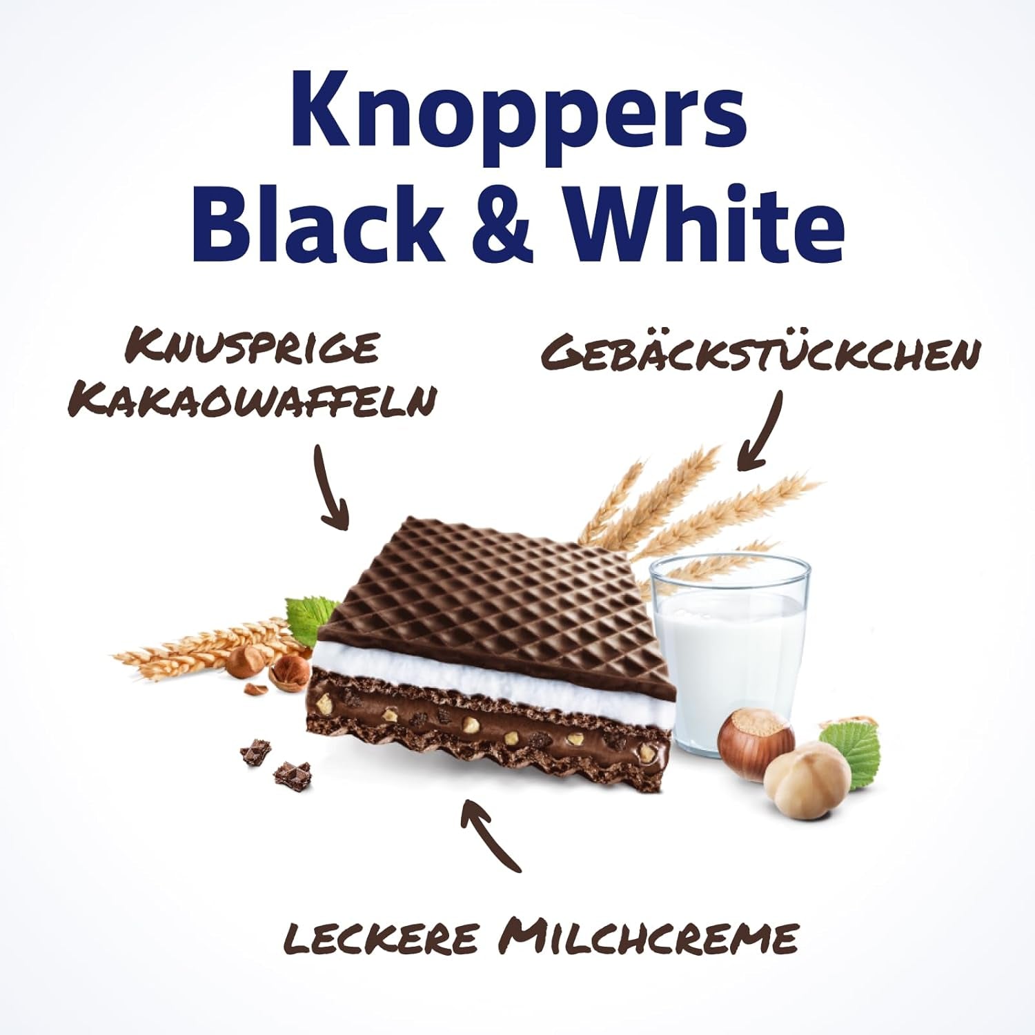 Hvide og sorte Knoppers – 8 x 25 g – Vaffelskiver fyldt med mørke kakaoblater, stykker af sorte kiks, mælk og nougatcreme