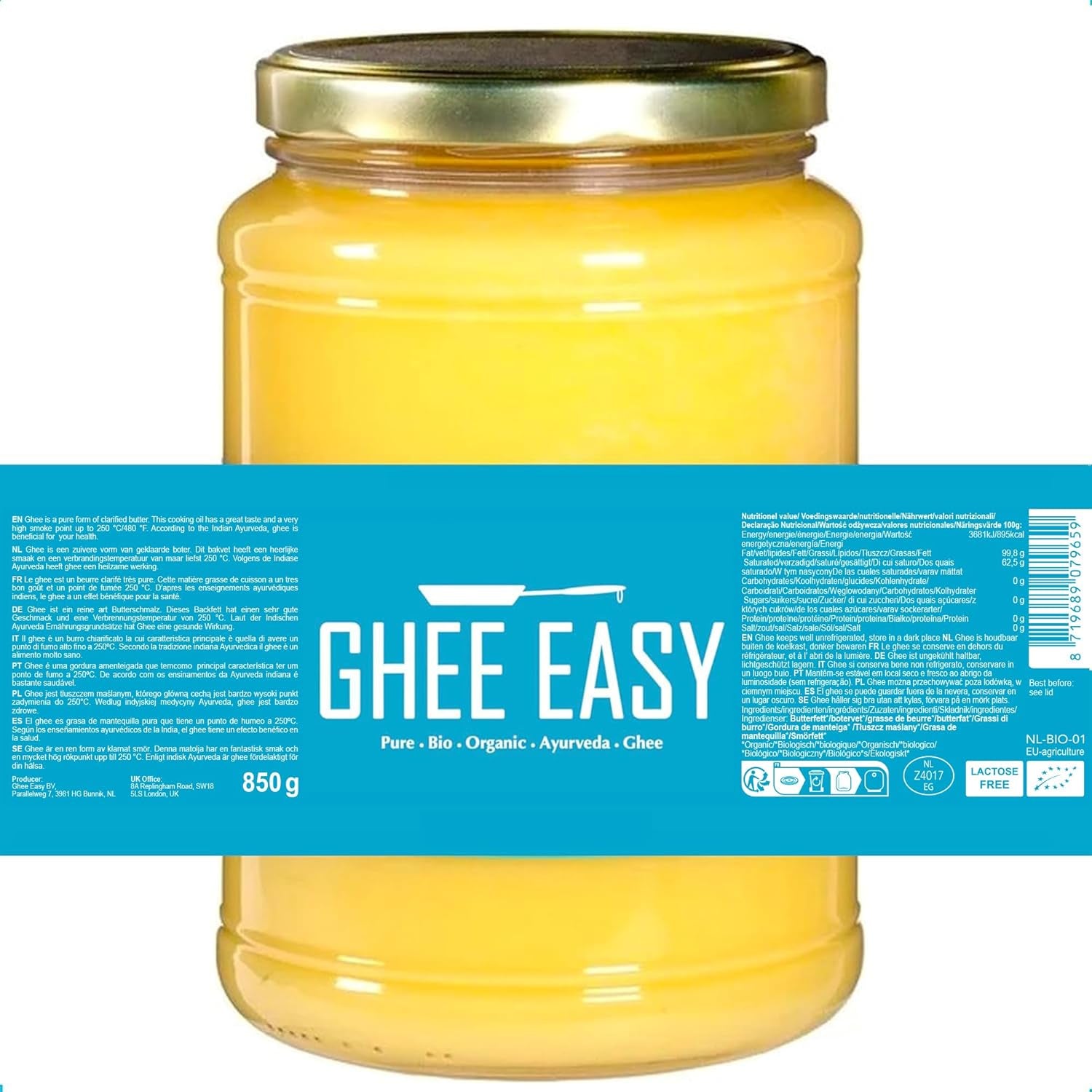 Ghee Easy 850g Ghee Bio von Grasgefütterten Kühen - Ghee Butter ohne Zusatzstoffe - Zertifiziert Organisch & Biologisch - Hochreines Ayurveda Ghee ohne Lactose und Gluten - 100% Europäisch