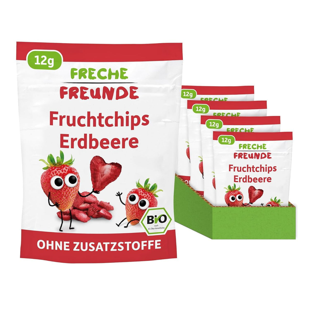 FRECHE FREUNDE Økologiske jordbærfrugtchips, frysetørrede frugtchips, naturligt skåret tørret frugt uden tilsat sukker, vegansk, laktosefri, glutenfri, pakke med 12 (12 x 12g)