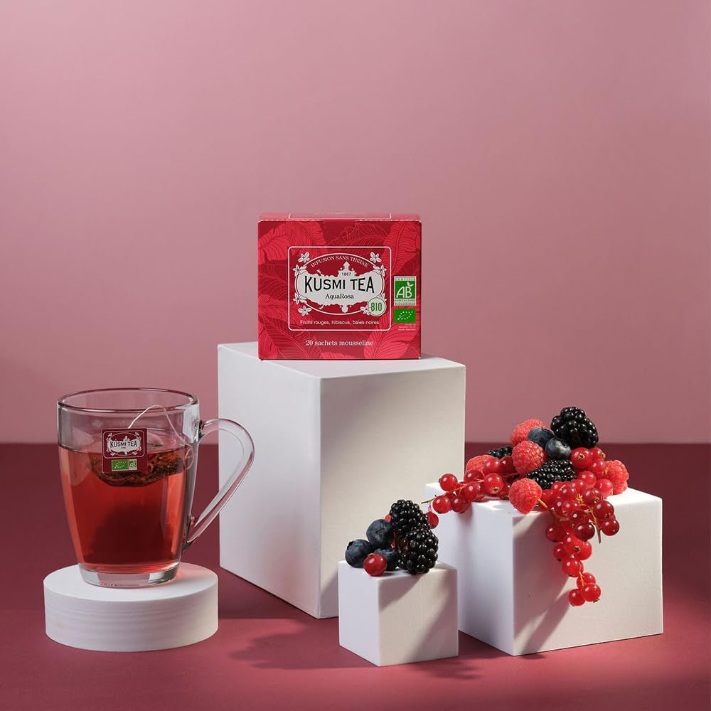Kusmi Tea - pachet de 2 - Aquaexotica + Aquarosa - ceai de hibiscus cu mere, măceșe și fructe de pădure negre - ceai de fructe organic fără teină - se poate consuma cald sau rece - 2X20 pliculețe de ceai