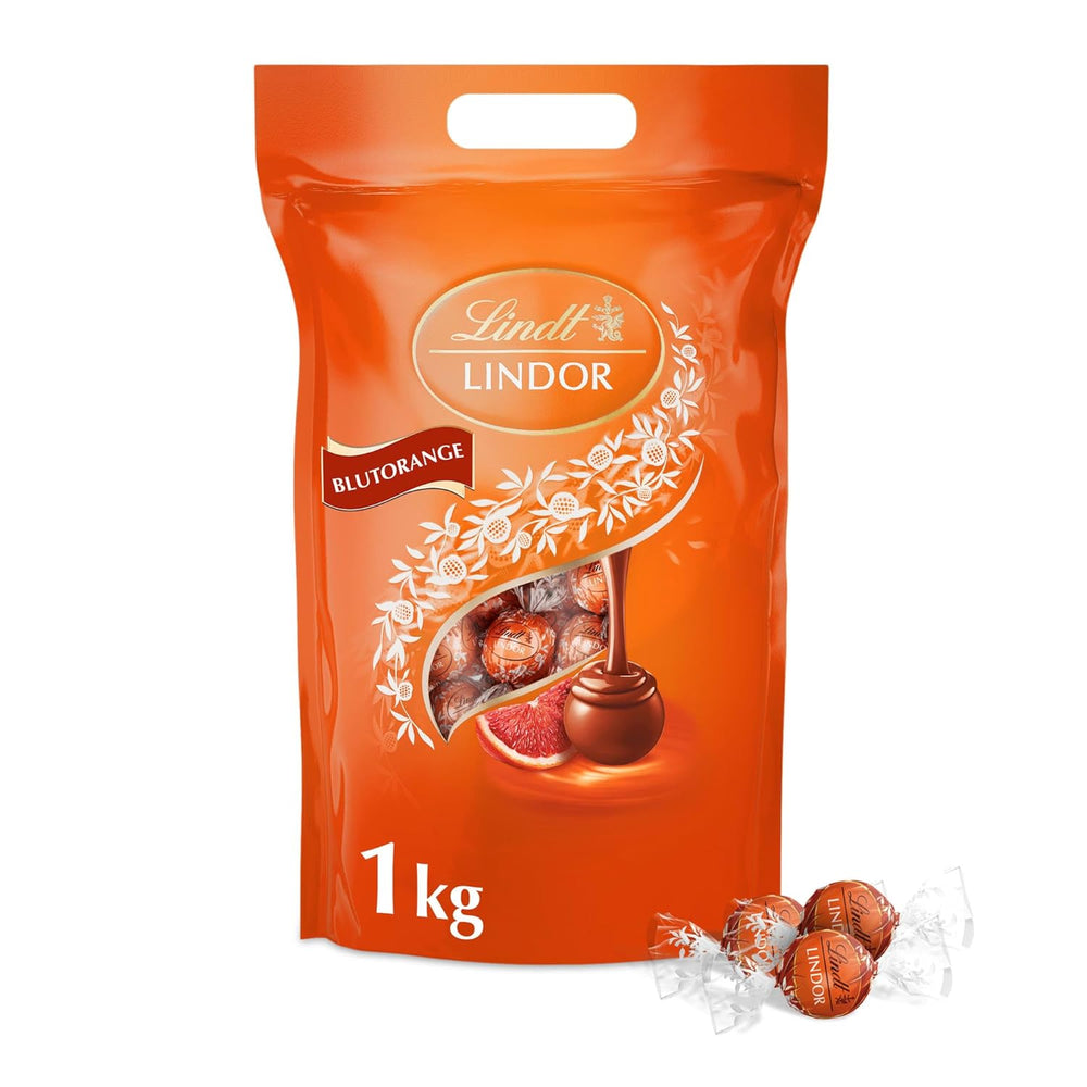 Lindt LINDOR Rød Orange Chokoladekugler | 1 kg genlukkelig pose | ca. 80 chokoladebolsjer med smelte-i-mund-fyld | Bulkpakke, chokoladegave