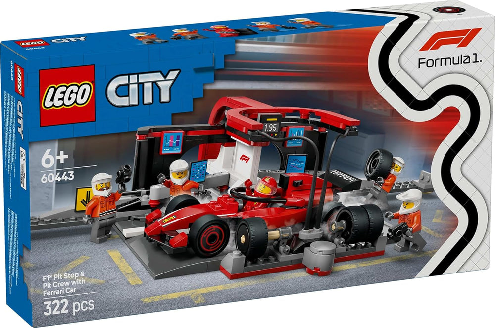 LEGO City F1 Pit Stop med Team og Ferrari Speedster - Formel 1 Pit Stop Sæt med 1 racerkører og 4 mekaniske minifigurer - Racerbillegetøj til drenge og piger 6+ - 60443 Byggesæt Beuche den LEGO-Store