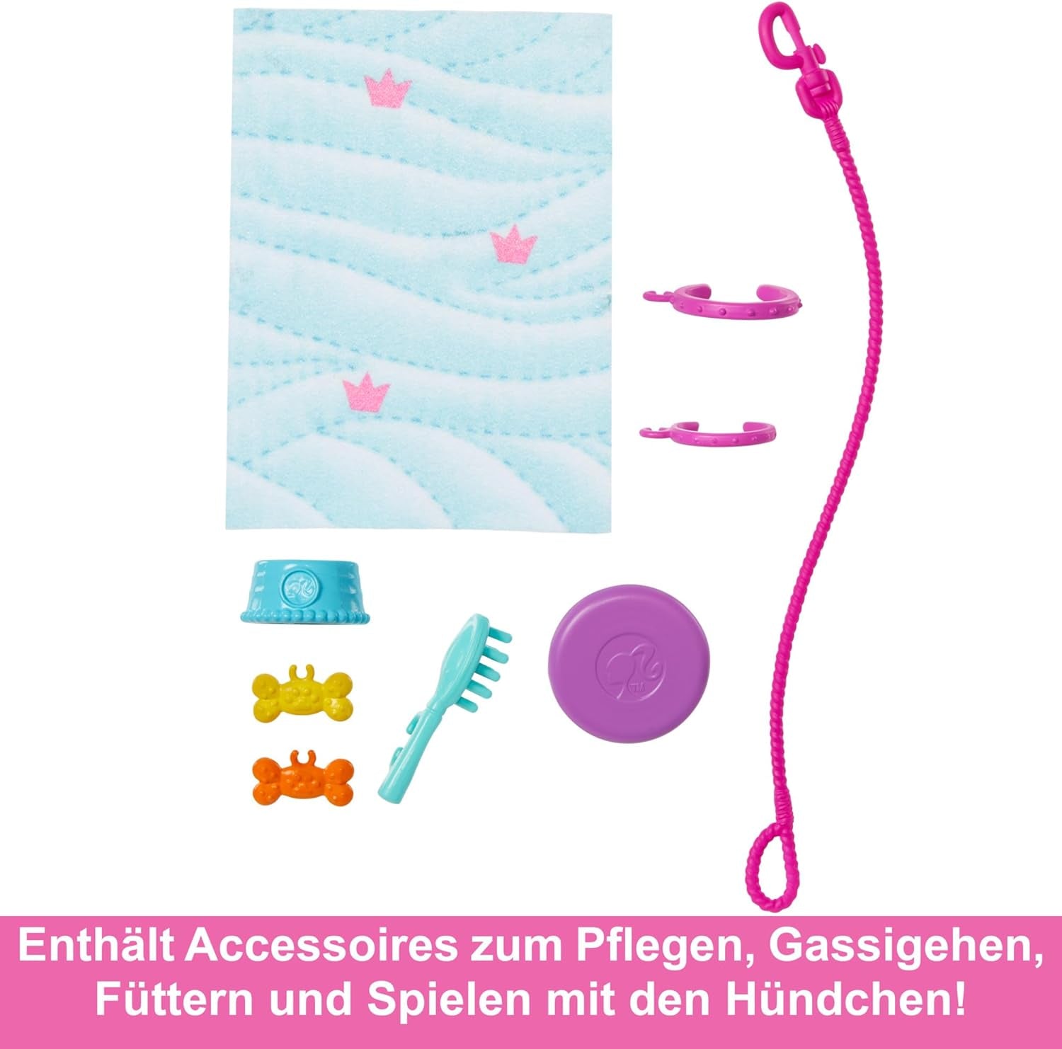 Păpușa Barbie Dog Duo și accesorii, inclusiv cățeluș și câine mare cu scaun cu rotile, lesă, bol cu hrană, pat pentru animale și recompense cu oase, pentru copii cu vârsta de 3 ani și peste, HTK37