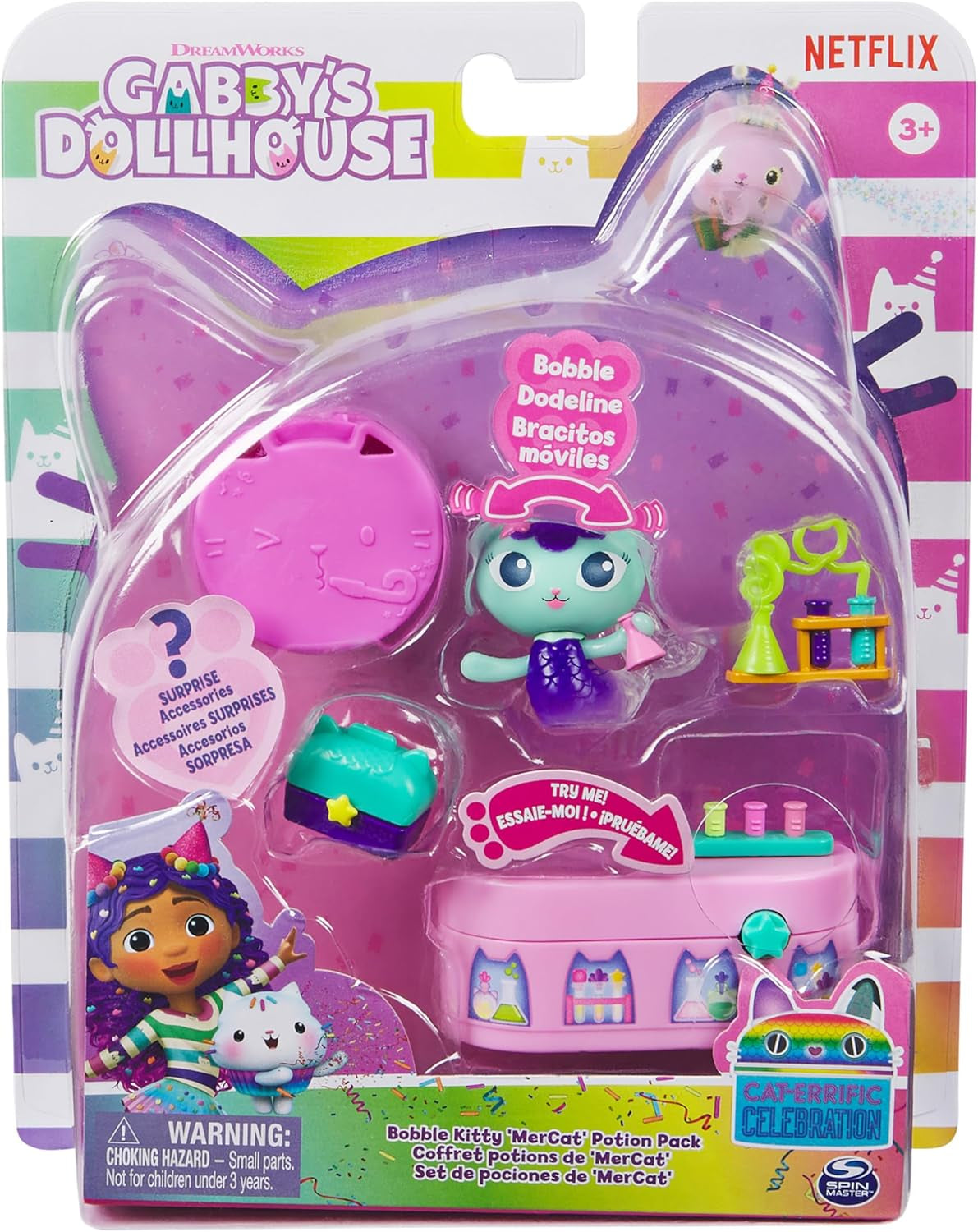 DREAMWORKS CASA DE PĂPUSI GABBY - Pachet de mobilier Bobble Kitty de Meerkätzchen, Figurină Pisică cu mobilier și accesorii pentru casă de păpuși, Vârste 3+