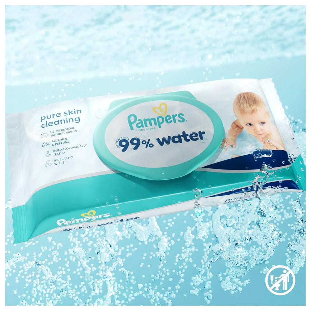 Pampers 99% vand babyservietter, 12 pakker med 60 servietter hver = 720 babyservietter, let lotion 99% vand