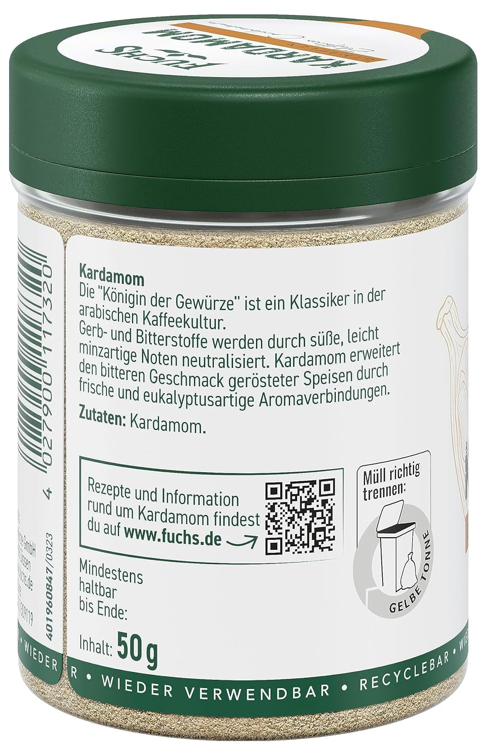 Fuchs Gewürze - Kardemomme gemahlen - Gewürz für Glühwein oder Fleischgerichte wie Roastbeef eller Schweinebraten - naturlige ingredienser - 50 g i wiederverwendbarer, genbrugsbarer Dosis