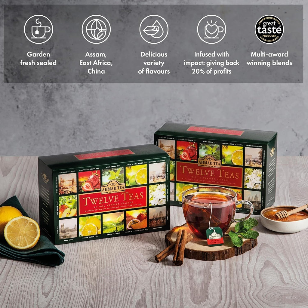 Ahmad Tea - Twelve Teas - Sortiment de 12 sortimente de ceai negru și ceai verde cu diferite arome - 60 pliculețe de ceai ambalate individual, sigilate pentru păstrarea aromelor, cu panglică, 120 g ceai