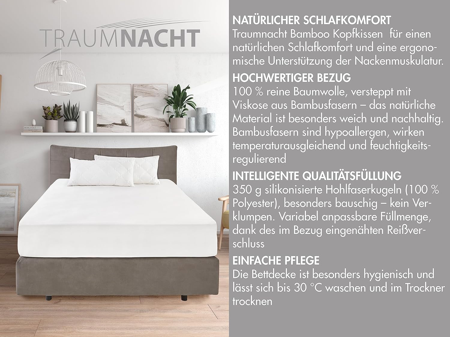Traumnacht Pernă din bambus cu fibre de bambus, hipoalergenic, antibacterian Set de perne cu fermoar, format din 2 perne 40X80Cm, certificat Oeko-Tex, dezvoltat în Germania Perne standard Naty Shop