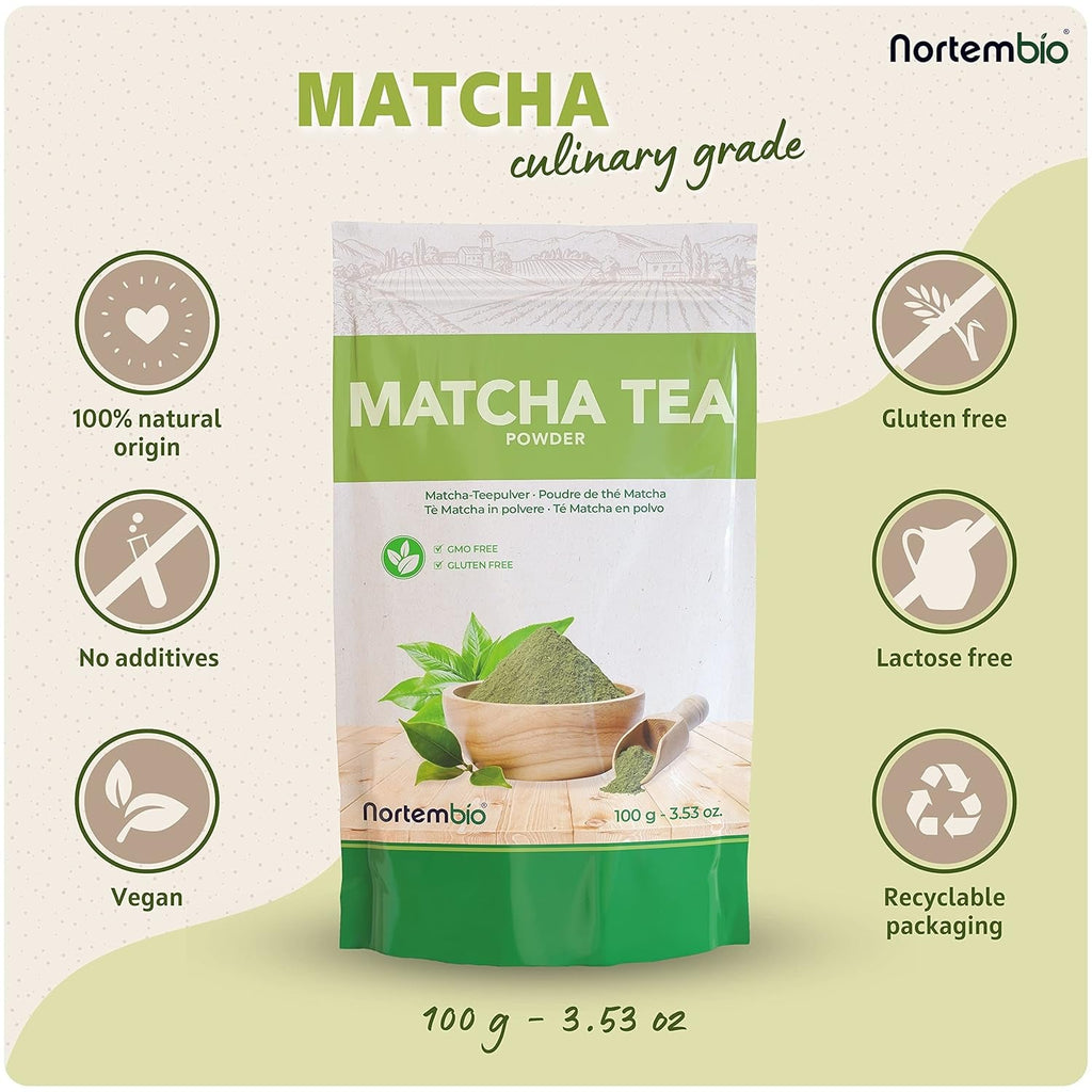 Nortembio Matcha Tea Powder 100 g. Ceai verde japonez fără aditivi și conservanți. Ceai verde Matcha de calitate culinară. Ideal pentru latte, deserturi și produse de patiserie.