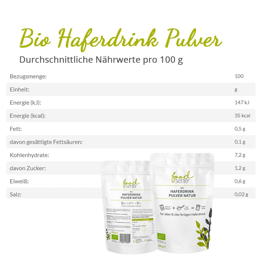 foodsetter Bio Haferdrink Pulver | 500g pose | Haferpulver | Instant Haferpulver | Biokvalitet | Vegansk | Glutenfri | Ohne Zuckerzusatz | 0,5 kg
