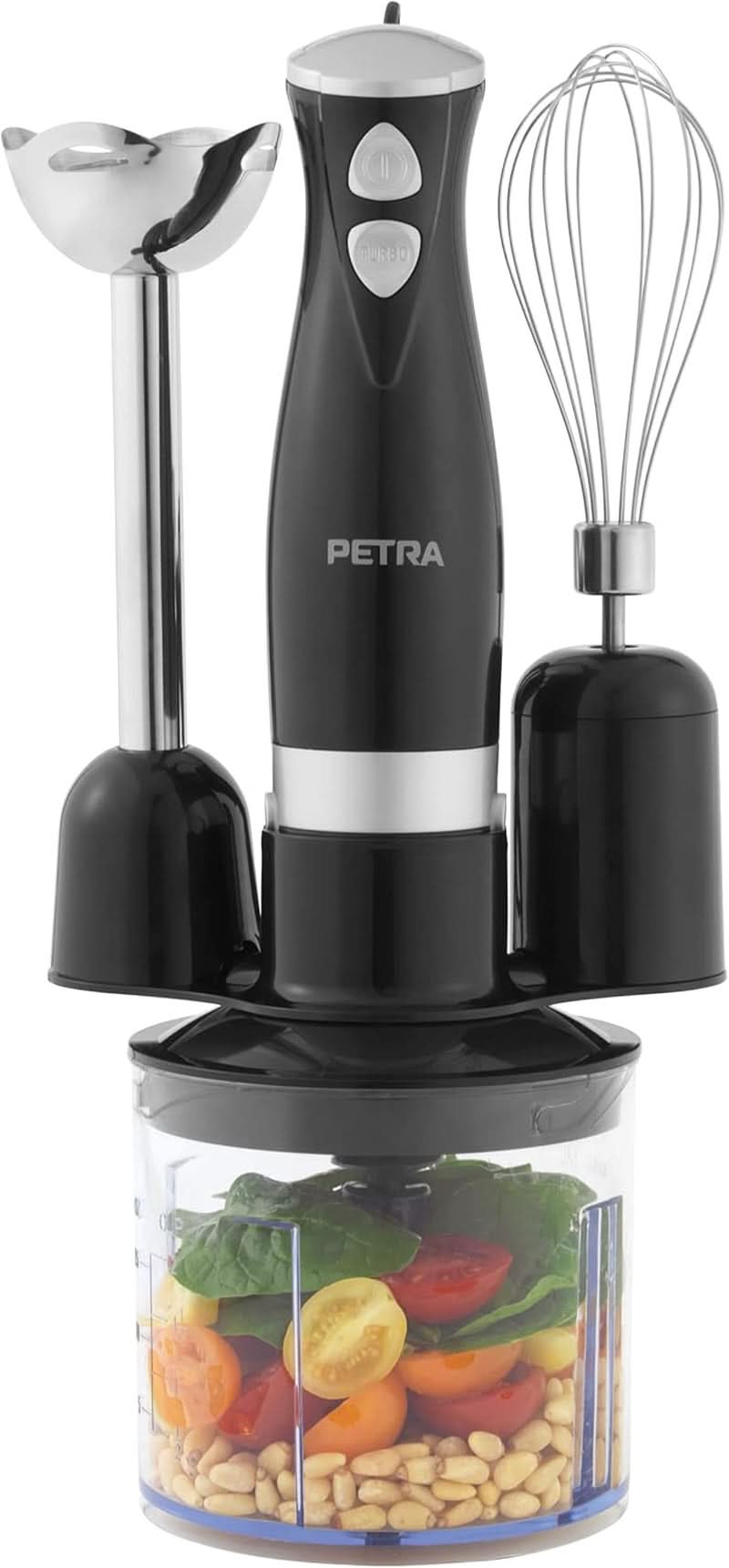 Petra PT2827BMBLKVDE 3-i-1 mixer – Bpa-fri vedhæftede filer, 500Ml-Schüssel, 700Ml-Becher, Schneebesen, Mixen, Zerkleinern, 2 Geschwindigkeiten, Edelstahlklingen, Für Babynahrung, Smoothies og 3 Child Mother, Saucenty og 3 Child Mother, Saucenty Blander