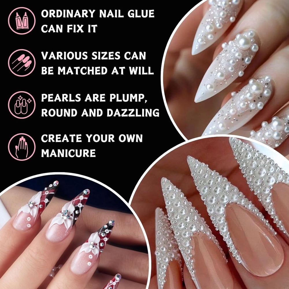 12 Größen Nail Art Perlen, Flache Perlen, Nail Art Accessoires, Halbkreis Nagelperlen, Weiße Nail Charms Und Glitzersteine Nägel Für Nail Art Design, DIY Basteln, Alltag, Hochzeit (2 Boxen)