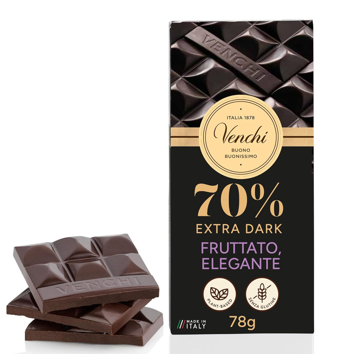 Venchi - Mørk chokolade 70%, 78 g - Med udvalgte kakaoblandinger - Glutenfri - Vegansk