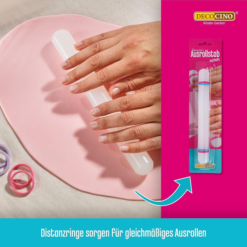 DECOCINO Ausrollstab – 3-delt, ca. 23 cm lang – antihaftbeschichter als Teigrolle zum Ausrollen von Marcipan, Blütenpaste, Roll-Fondant