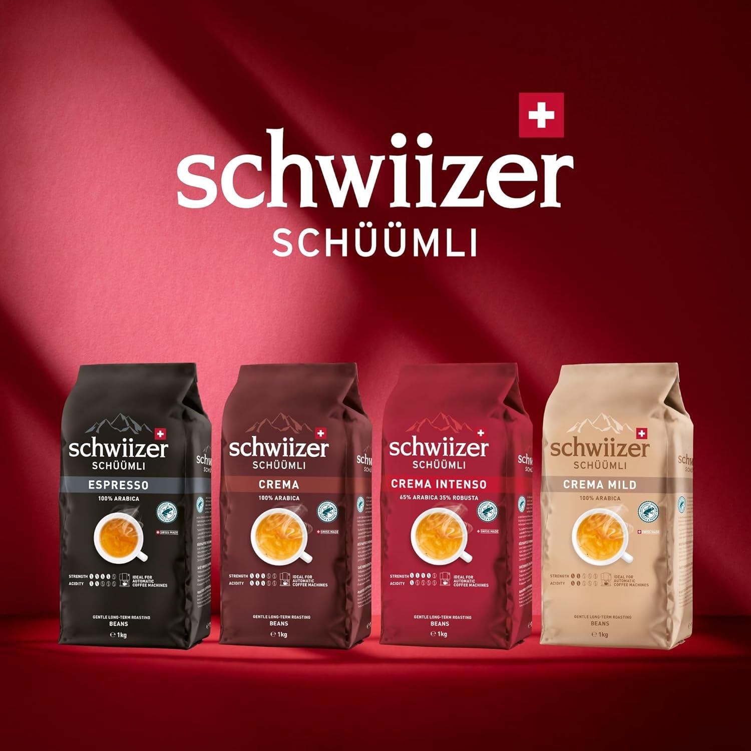 Schwiizer Schüümli Intenso, boabe de cafea Arabica/Robusta, corpolente și intense, ideale pentru espressoare automate, tărie 4/5, prăjire medie, Rainforest Alliance, 1kg