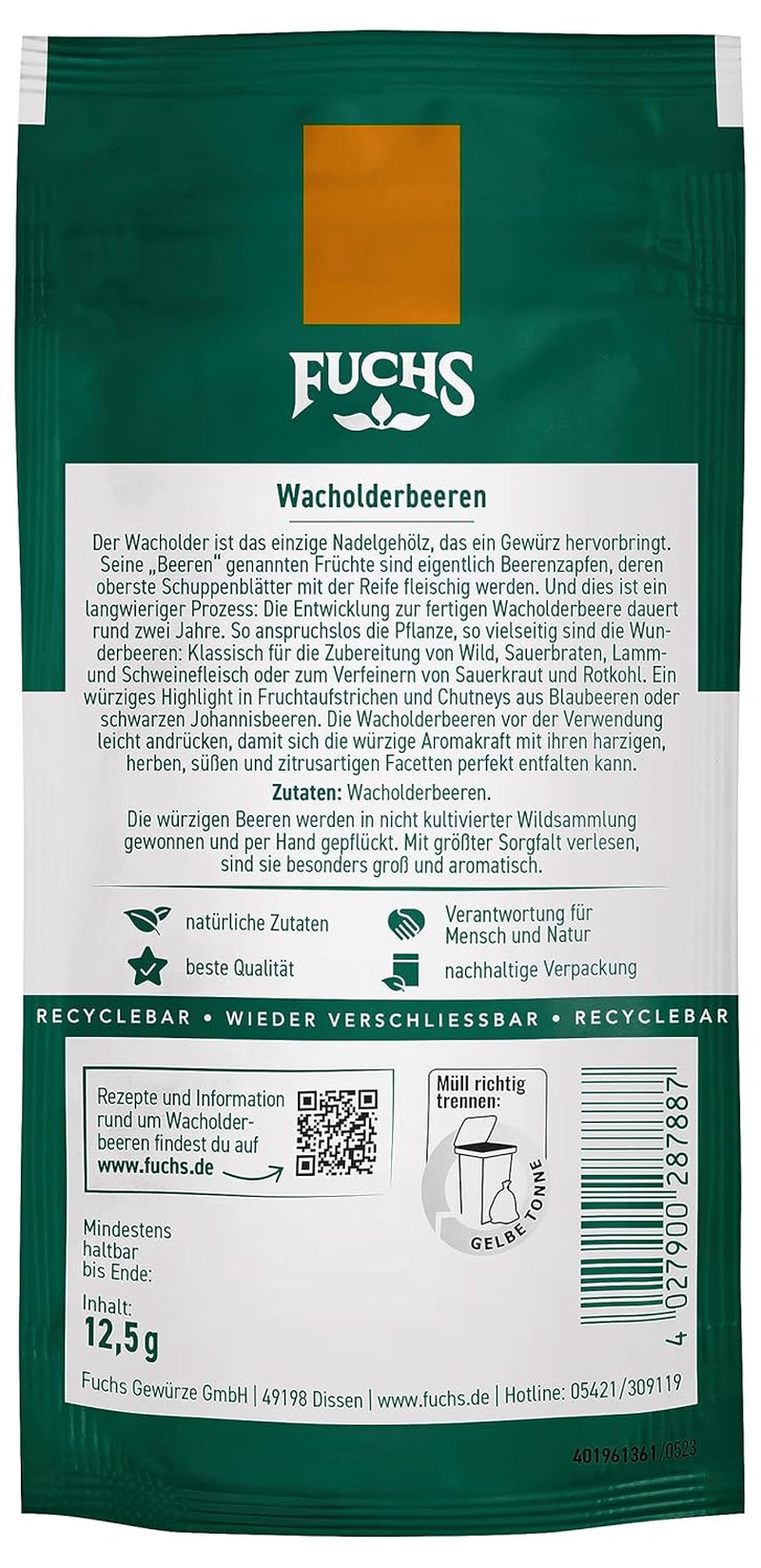 Fuchs Gewürze - Wacholderbeeren im wiederverschließbaren, genanvendelig Beutel - aus natürliche Ingrediens - 12,5 g