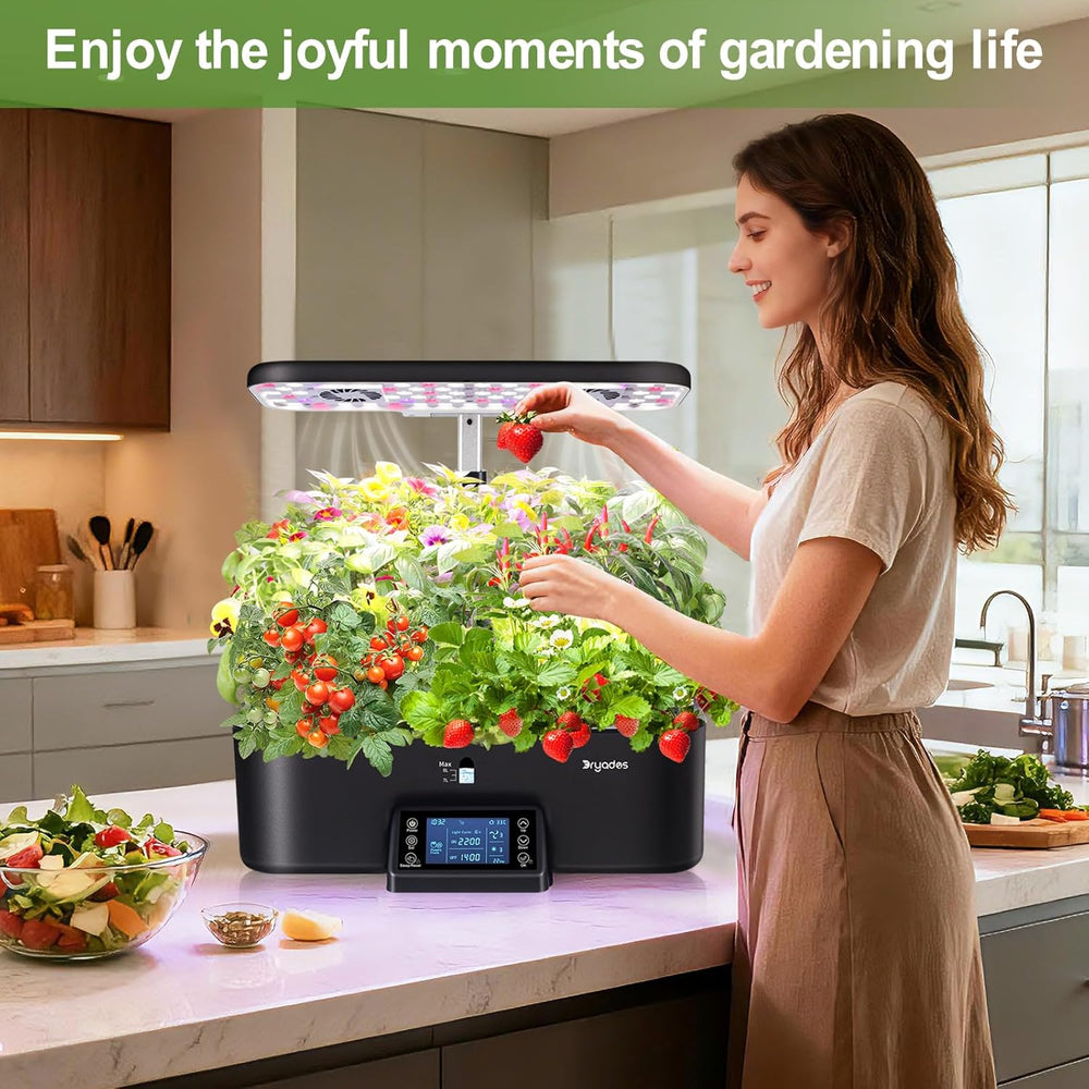 Indendørs hydroponisk vækstsystem med smarte lysskemaindstillinger, fuld spektrum Grow Light Urtehavepotter, 17 kapsler, sort