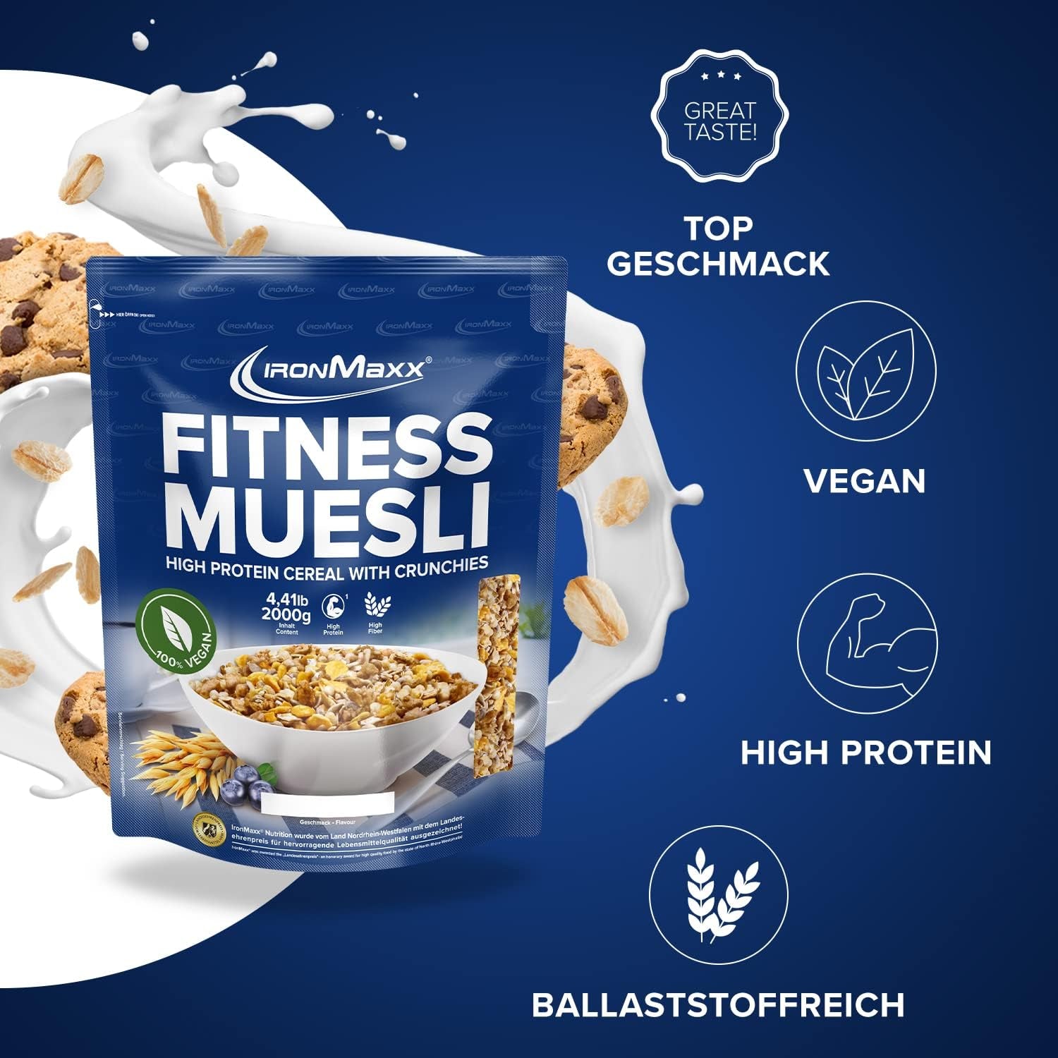 IronMaxx Fitness Müsli - Cookies & Cream, 2 kg pose | Proteinrig vegansk müsli med sprødt indhold | Lavt indhold af sukker og højt indhold af fibre