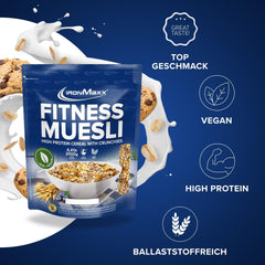 IronMaxx Fitness Müsli - Cookies & Cream, 2 kg pose | Proteinrig vegansk müsli med sprødt indhold | Lavt indhold af sukker og højt indhold af fibre