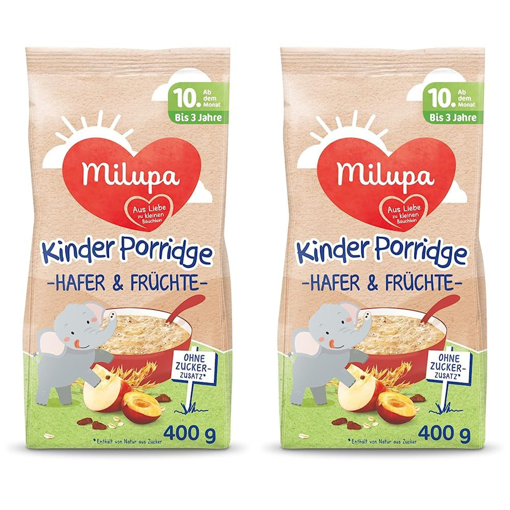 Milupa babygrød - havre- og frugtgrød 10 måneder til 3 år babymad 1 x 400 g (pakke med 2)