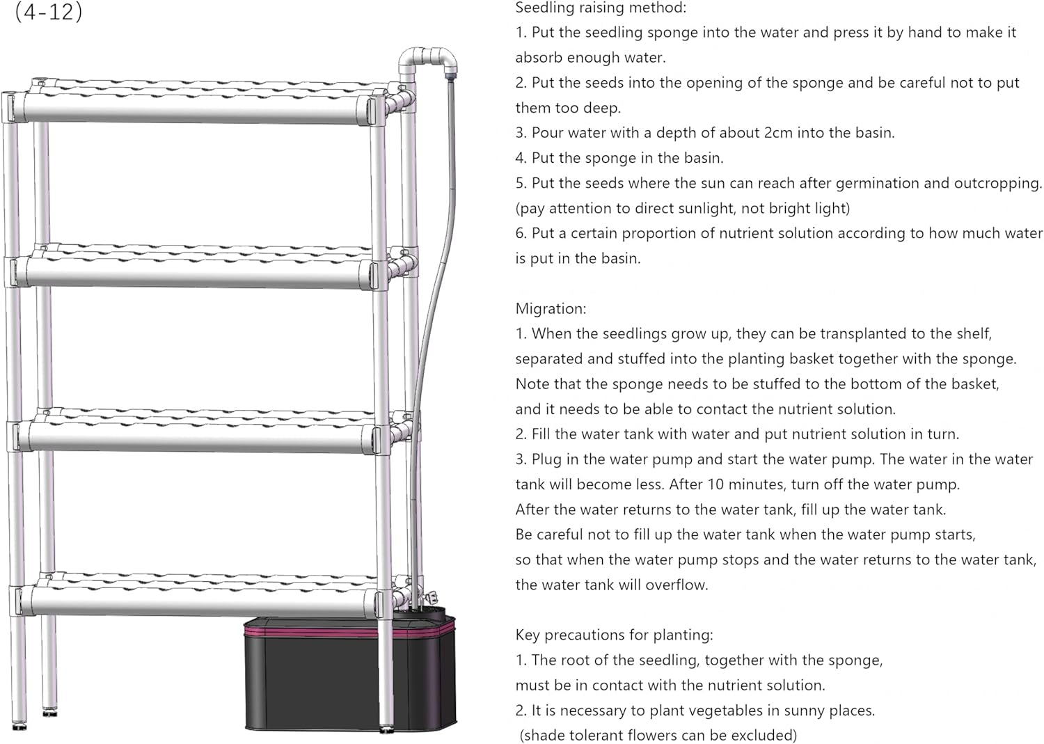 Hydroponisk dyrkningssæt med 108 plantepladser, 4 niveauer med vandpumpe. Hydroponics system lavet af fødevarekvalitet PVC-U rør til hjemmet, altanen, haven og altanens grøntsager.