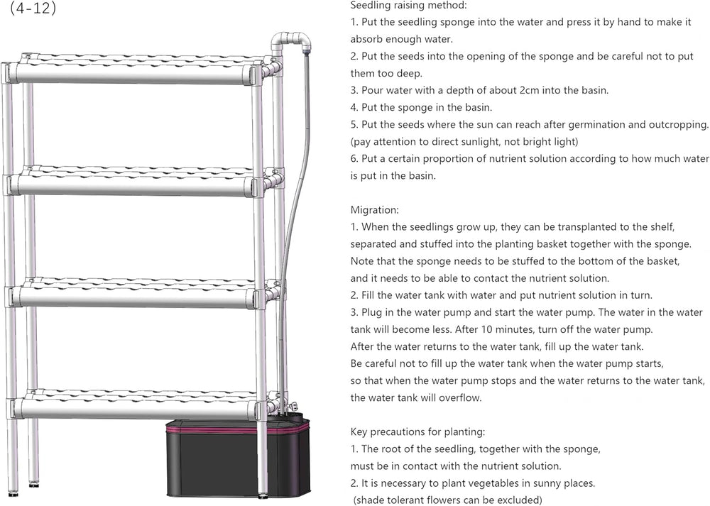 Hydroponisk dyrkningssæt med 108 plantepladser, 4 niveauer med vandpumpe. Hydroponics system lavet af fødevarekvalitet PVC-U rør til hjemmet, altanen, haven og altanens grøntsager.