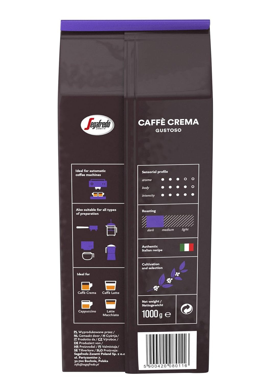 Segafredo Zanetti Caffè Crema Gustoso - Boab întreg (Pachet de 1 kg) - Potrivit pentru Caffè Crema - Boabe de cafea prăjite lungi și închise la culoare, aromă plină și intensă (Pachet de 2)