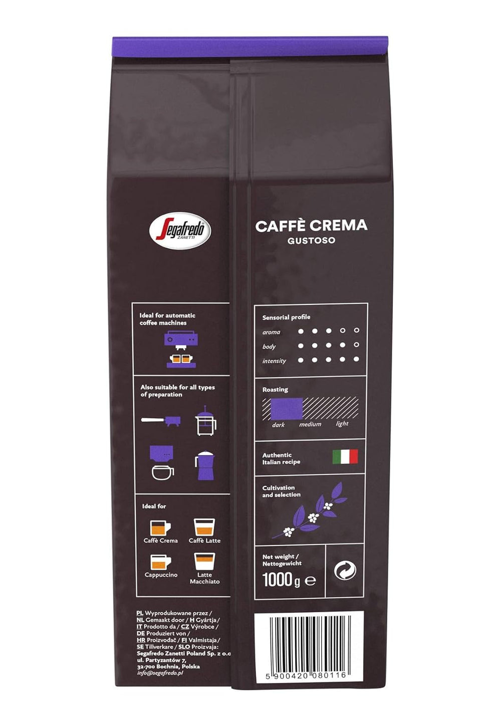 Segafredo Zanetti Caffè Crema Gustoso - Boab întreg (Pachet de 1 kg) - Potrivit pentru Caffè Crema - Boabe de cafea prăjite lungi și închise la culoare, aromă plină și intensă (Pachet de 2)