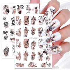 JMEOWIO Nagelsticker Rose Gold Schwarze Blume 12 Blatt Nail Art Sticker Selbstklebend Nagelaufkleber Frühlings Linie Abstraktes Blatt Dekoration Nageldesign Zubehör