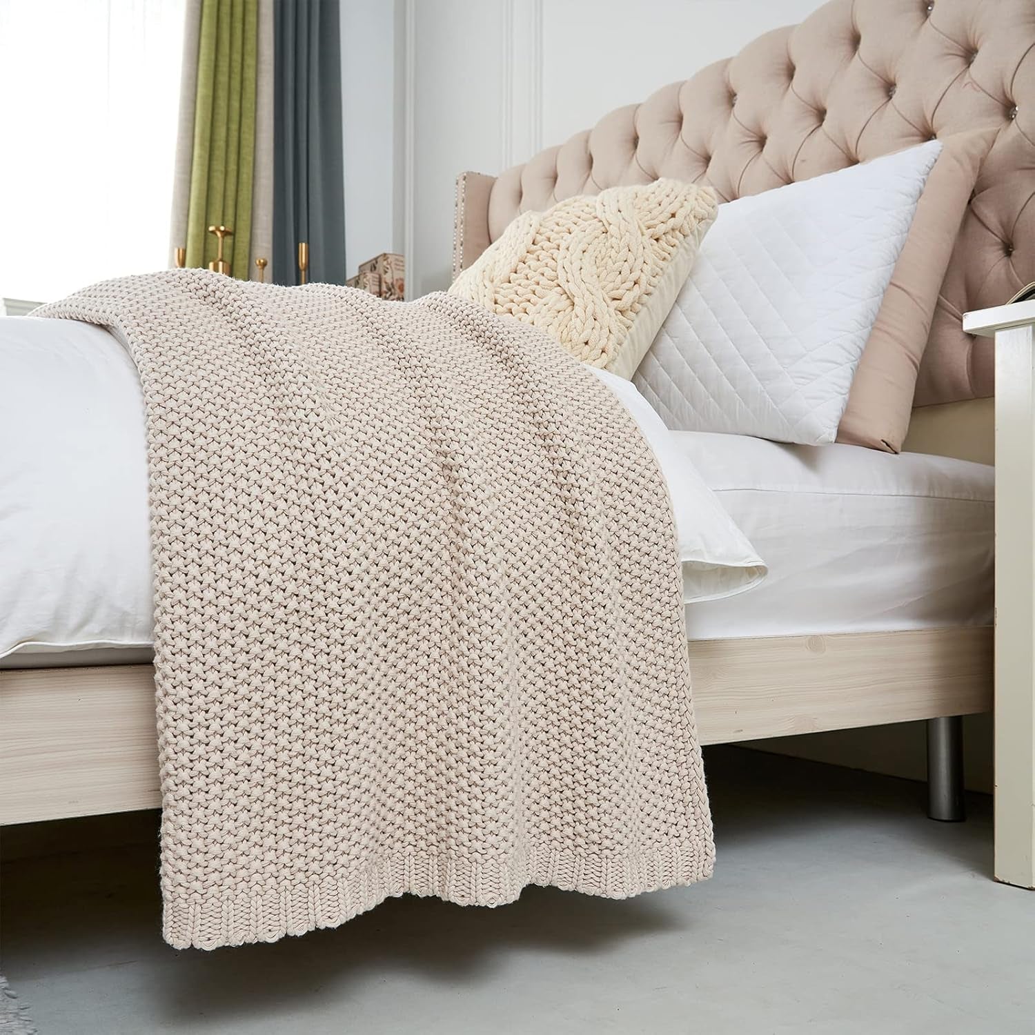 Chunky strik tæppe, Letvægts, Beige, 100% økologisk bomuld, Tæppe til sofa, sofa, seng, barn, børneværelse, Rustik, Shabby chic, Moderne bondehus, 152,4 X 203,2 cm, Inklusiv vaskepose Senge og tæpper Longhui sengetøj