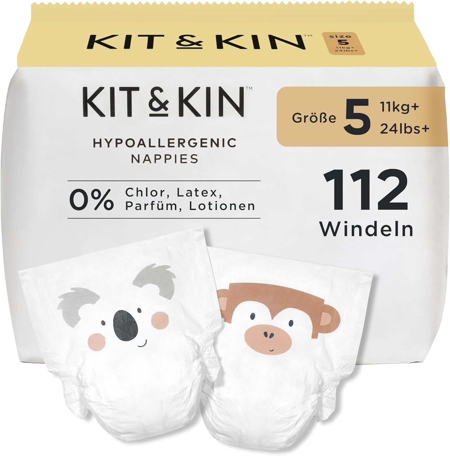 Kit & Kin Premium bleer, størrelse 4 (9-14 kg), 128 count, plantebaseret og allergivenlig, pålidelig lækagebeskyttelse, vegansk og grusomhedsfri