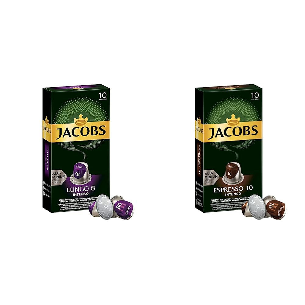 Jacobs Kapseln Lungo Intenso, Intensität 8 & Kapseln Espresso Intenso, Intensität 10,100 Nespresso®* kompatible Kaffeekapseln, 10er Pack, 10 x 10 Getränke