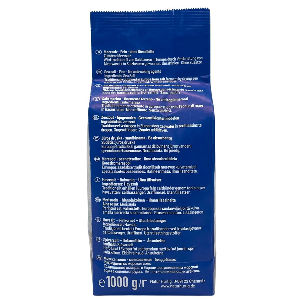 Meersalz Fein 1 kg | Naturbelassen, unraffiniert og ohne Zusätze | Unbehandeltes feines Meersalz