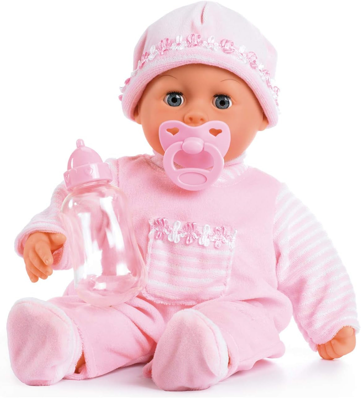Bayer Design 93800-pink 93825AA Babypuppe First Words, Schlafaugen, spricht 24 Babylaute, weicher Körper, mit Schnuller und Flasche, 38 cm, pink
