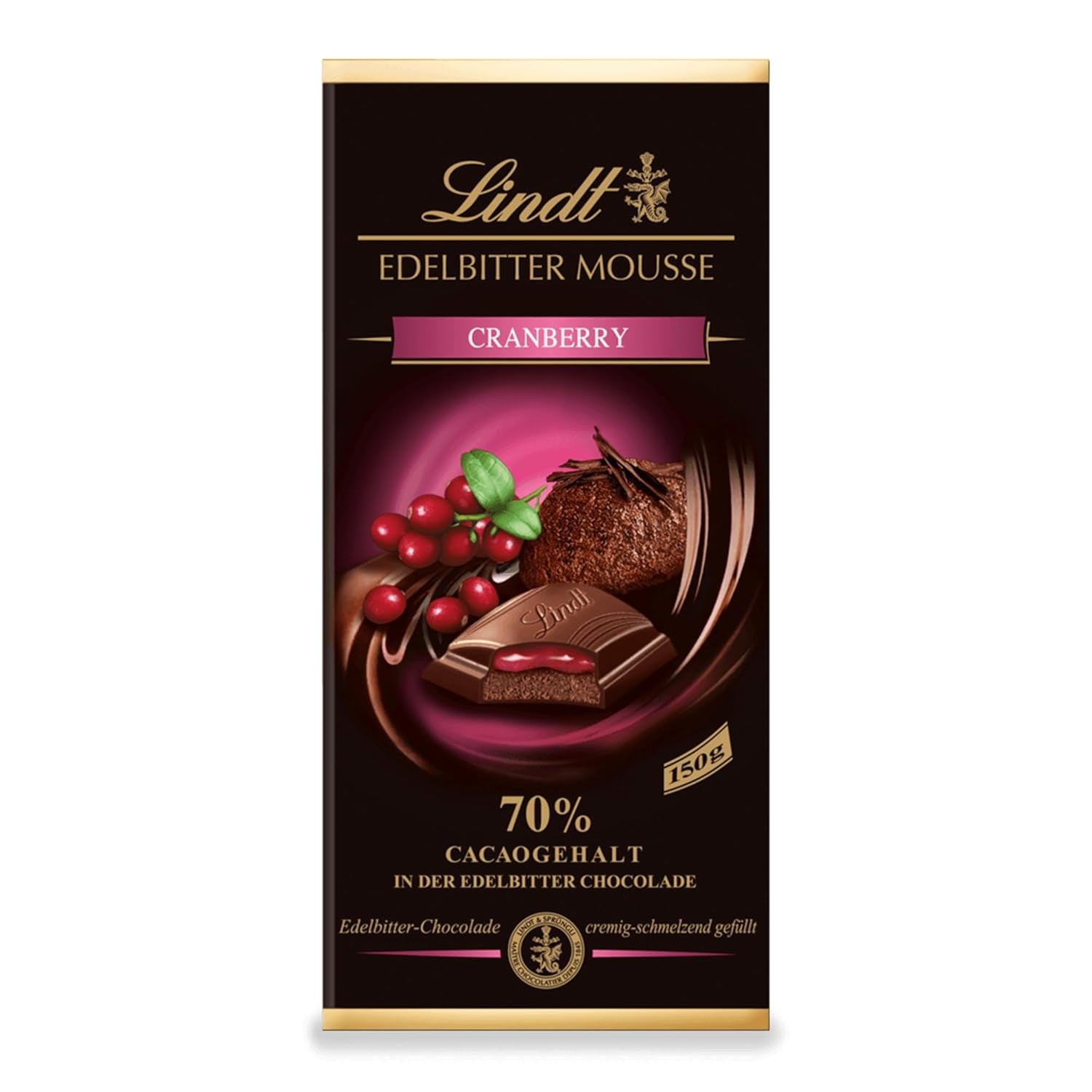 Lindt mørk chokolademousse med chili og kirsebær | Bar 150g | Med 70% kakaoindhold og mørk chokolademoussefyld og kirsebær chili | Chokoladebar | Mørk chokolade