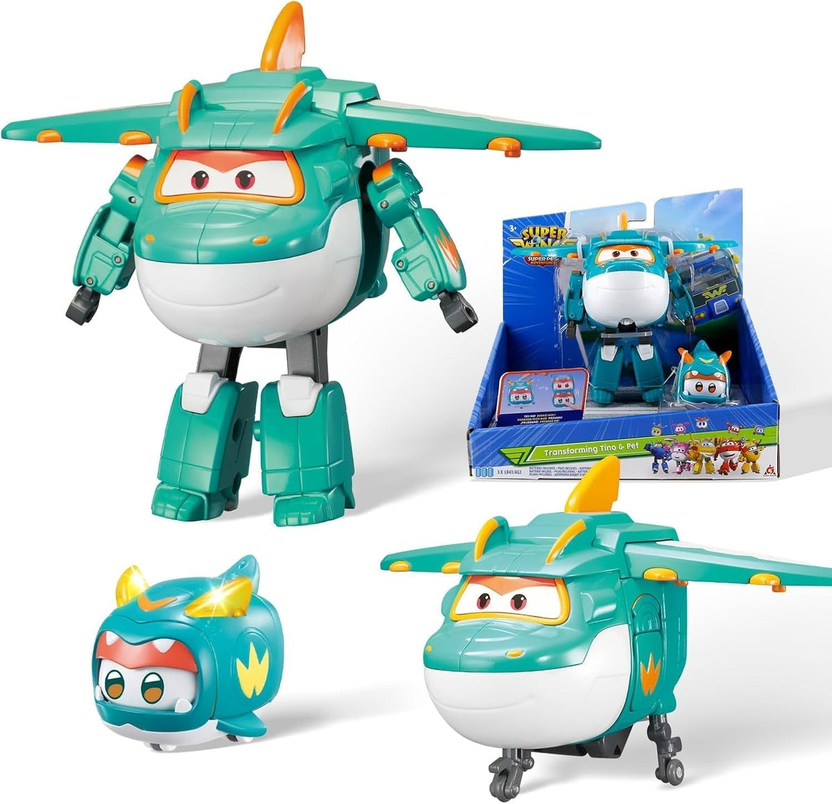 Super Wings EU770447 - Transformering Tino & Pet, transformerende legetøjsfigur ca. 14,5 cm og kæledyr med højden på ca. 4,3 cm, til børn over 3 år Actionfigurer Naty Shop Tino