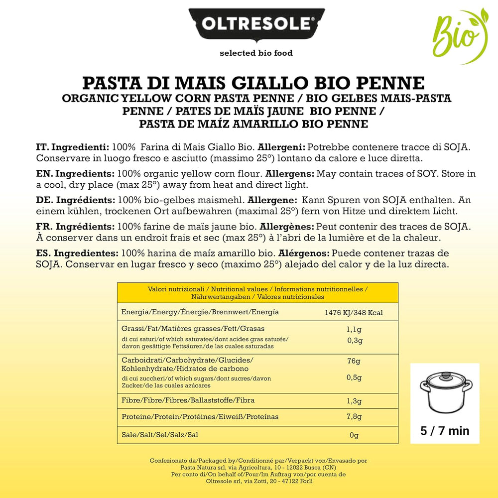 Pasta di Mais Giallo Biologica Italiana Glutenfri, Formato Penne - glutenfri pasta, 100% farina di mais giallo økologisk, vegansk, confezione da 3 pacchi på 350 g
