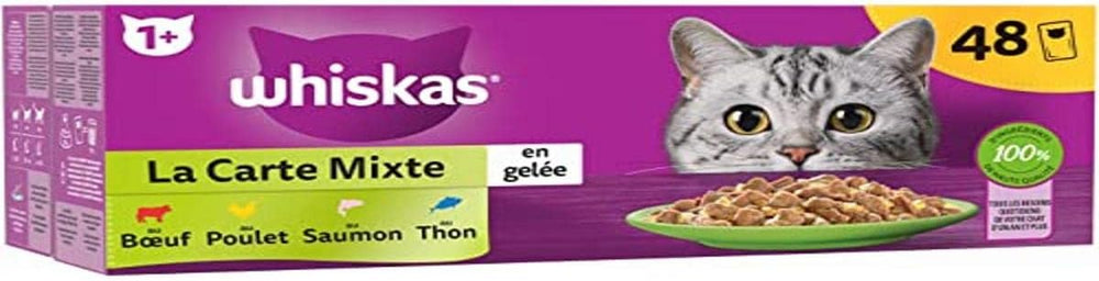 WHISKAS Meal – 48 de pliculețe Fresh – Carton mixt (4 varietăți) – Hrană umedă pentru pisici adulte în jeleu – Hrană umedă completă și echilibrată, potrivită pentru pisici sterilizate