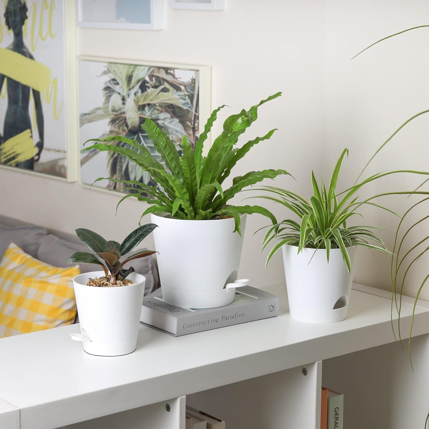 T4U 14 cm plastik urtepotter med vandingssystem, sæt med 6 selvvandende urtepotter og underkopper, runde potter til indendørs altanhaveplanter, sukkulenter, kaktusser, hvid