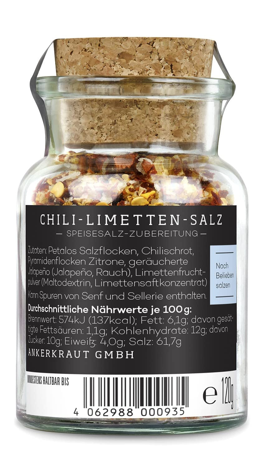 Ankerkraut Chili-Lime-Salz, 70g i korkglas, Speise-Salz Mischung für Steak Fisch Salad Asia Gerichte, Allrounder mit Gesmack und Qualität