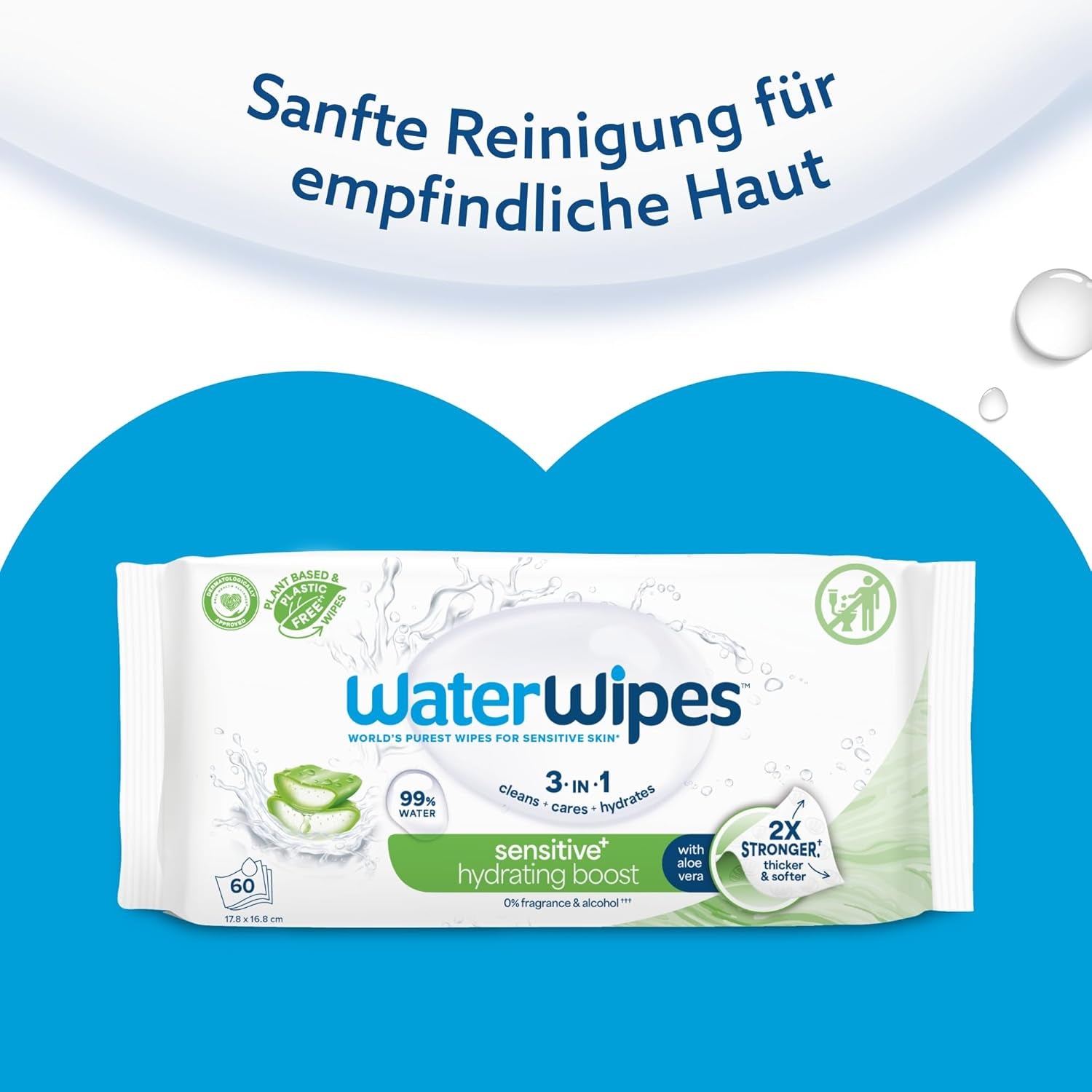 WaterWipes Sensitive+ Hydrating Boost vådservietter, hydrerende servietter, 360 stykker (6 pakke), 3 i 1 rene, pleje, hydrere, 99 % aloe vera vand, uparfumerede babyservietter