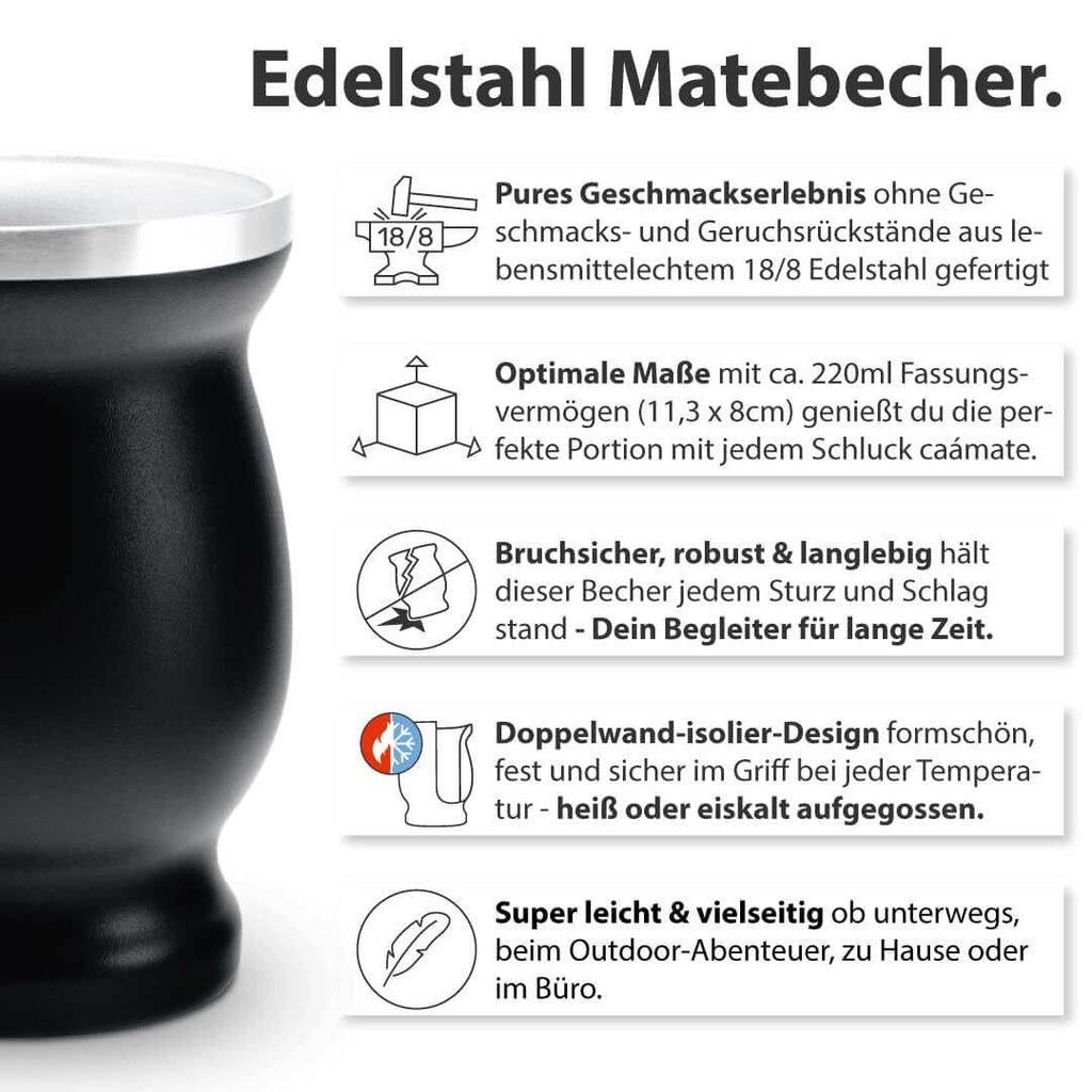 Set de ceai Mate Bio ● 3 sortimente de mate + cană Mate din oțel inoxidabil cu pereți dubli + Bombilla + instrucțiuni de preparare (negru)