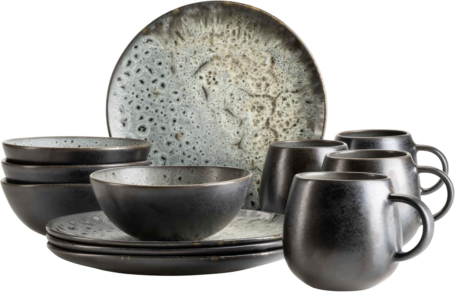 Set de mic dejun MÄSER Carellia, 12 piese – ceramică din Portugalia – glazură reactivă – 4 farfurii de desert 23 cm, 4 boluri 15 cm, 4 căni de cafea 430 ml – potrivit pentru mașina de spălat vase și cuptorul cu microunde, gri
