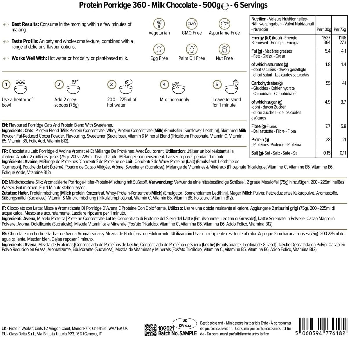 Protein Works - Proteingrød 360 | Myte Yderligere vitaminer og mineraler | Proteinreiches Frühstück | Kalorienarme Haferflocken | 6 portioner | Mælkechokolade 500G Cereal Naty Shop