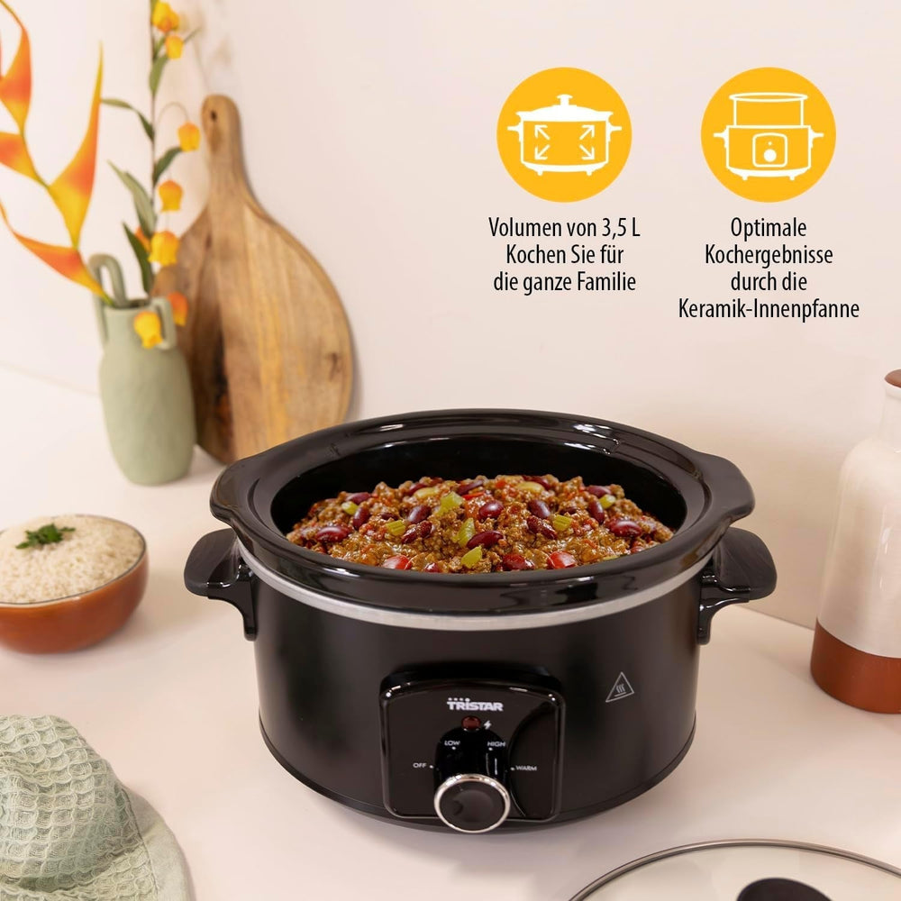 Tristar VS-3915 slowcooker, keramisk gryde i rustfrit stål med 2 varmeindstillinger og holde varm funktion, 3,5 L Slow Cooker Naty Shop