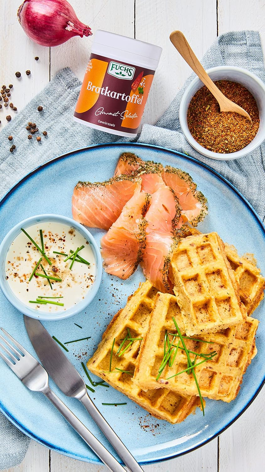 Fuchs Gourmet Selection Klassisch/Heimisch – Bratkartoffel Gewürzsalz, nachfüllbares Kartoffel Gewürz, Salz zum Würzen von Brat- & Ofenkartoffeln, Pommes Frites & Co, vegansk, 70 g