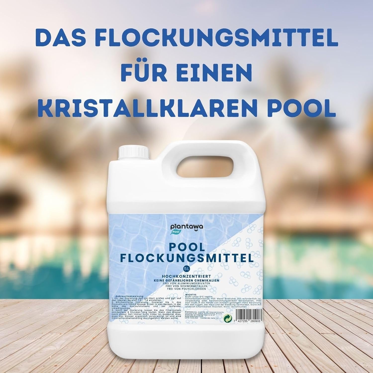 Pool flokkuleringsmiddel 5L | Pool flokkuleringsmiddel til krystalklart vand | Meget koncentreret og økonomisk | Velegnet til alle filtreringssystemer | Ingen skadelige tilsætningsstoffer